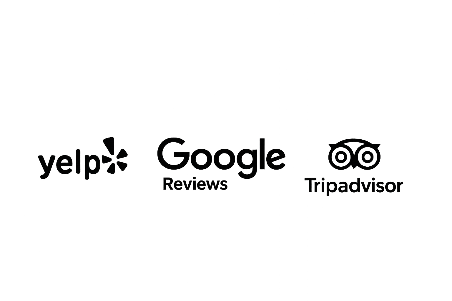 Icons of Yelp, Google Reviews, and TripAdvisor, indicating platforms for customer feedback and ratings.