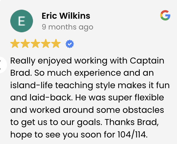 Google reviews for Eric Wilkins, showing a five-star rating, a verified badge, and a positive testimonial about working with Captain Brad.