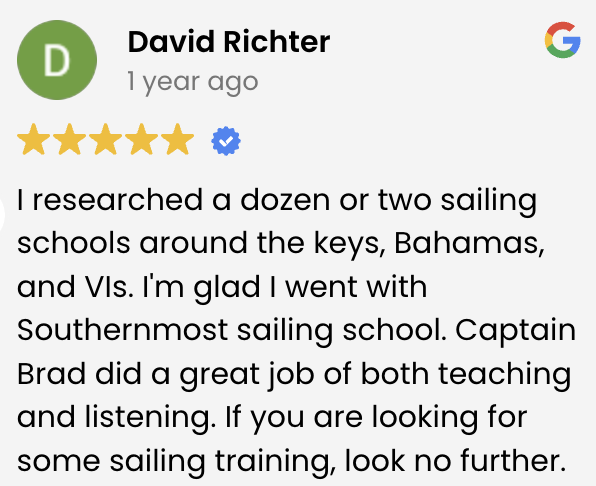 Review from David Richter praising southernmost sailing school for sailing training in the Keys, Bahamas, and VIs. Includes a five-star rating and a blue verified badge.
