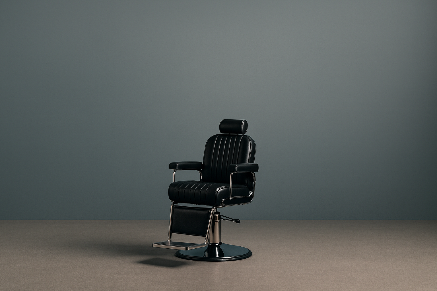 En svart barberestol i midten av bildet foran en grå vegg.