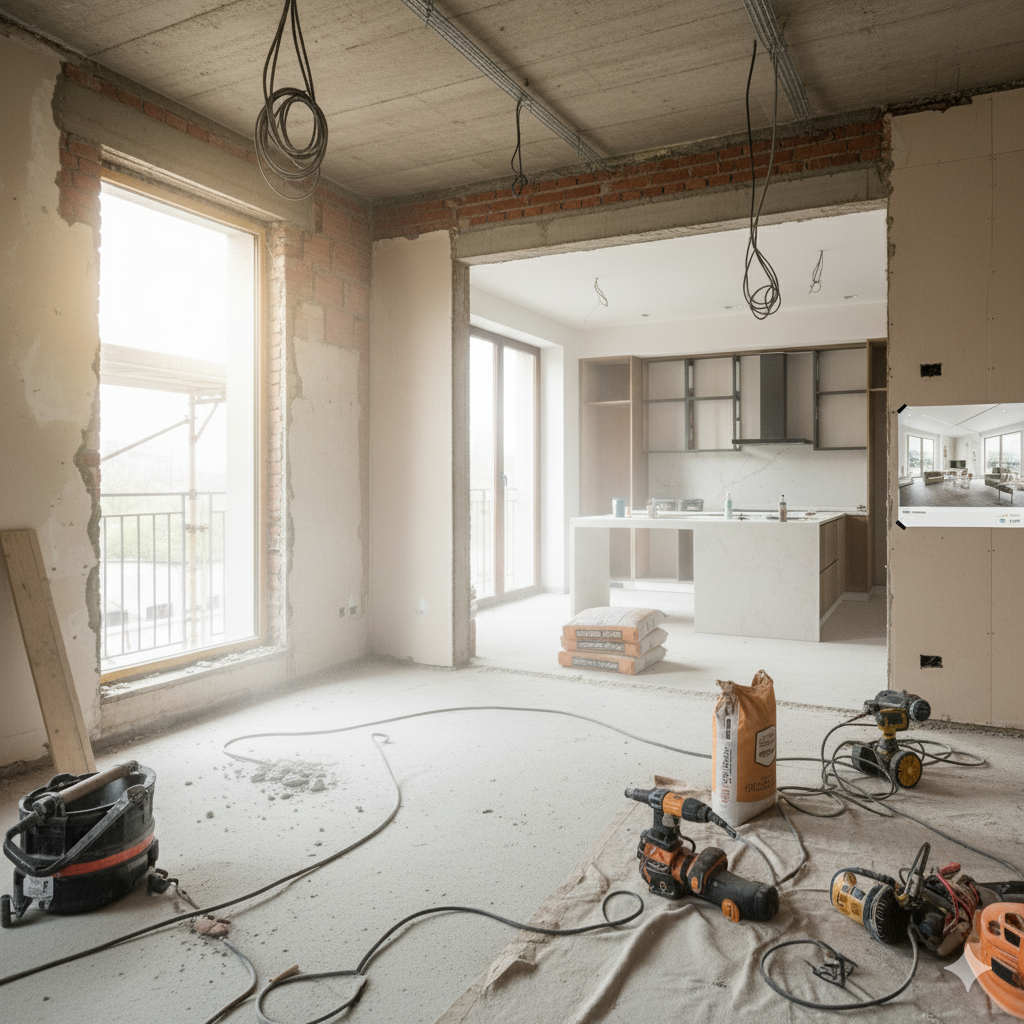 Interno di una cucina in ristrutturazione con scale a pioli visibili sulla sinistra e materiali e utensili da lavoro sul pavimento.