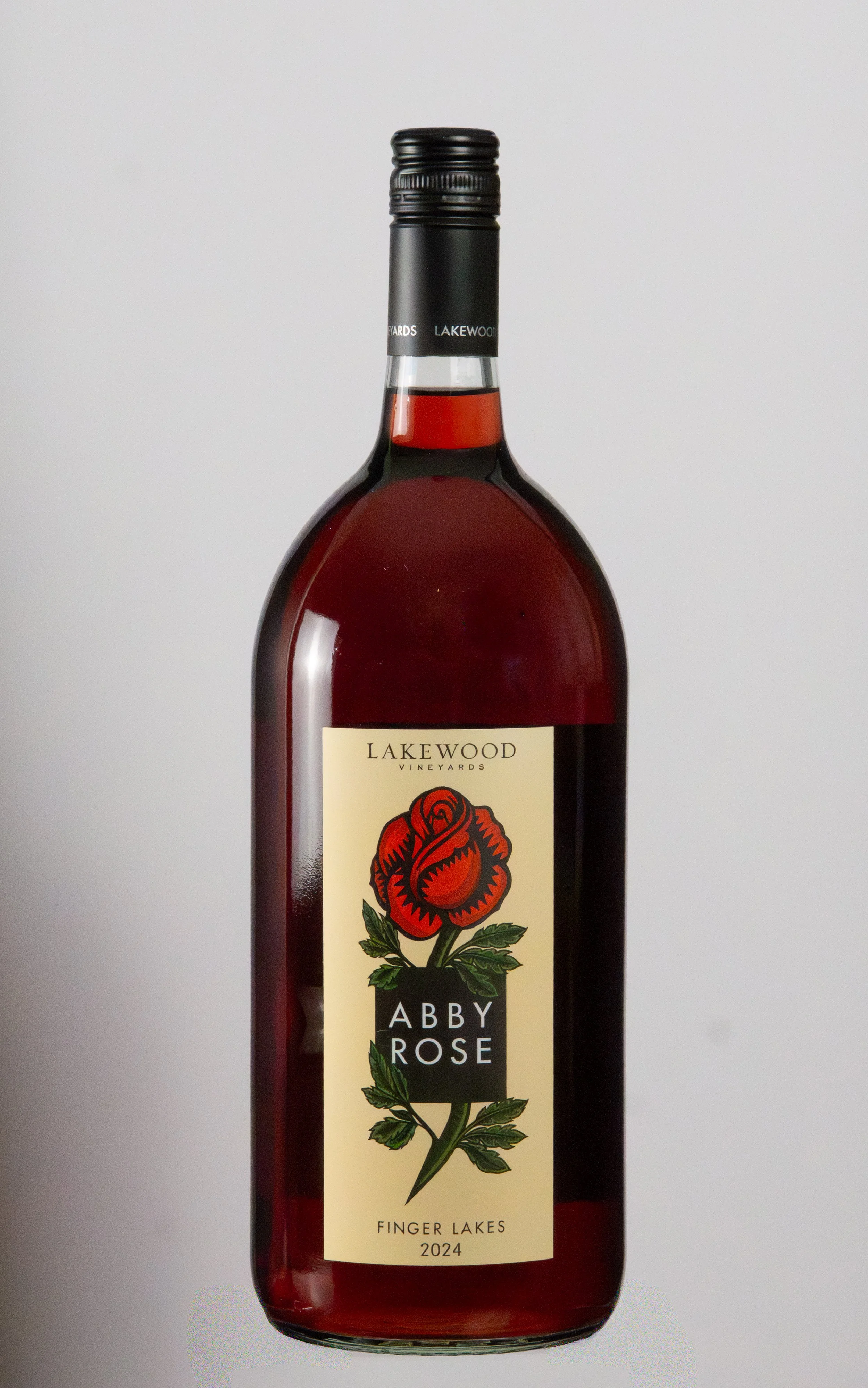A bottle of Lakewood Vineyards Abby Rose wine from Finger Lakes, vintage 2024.