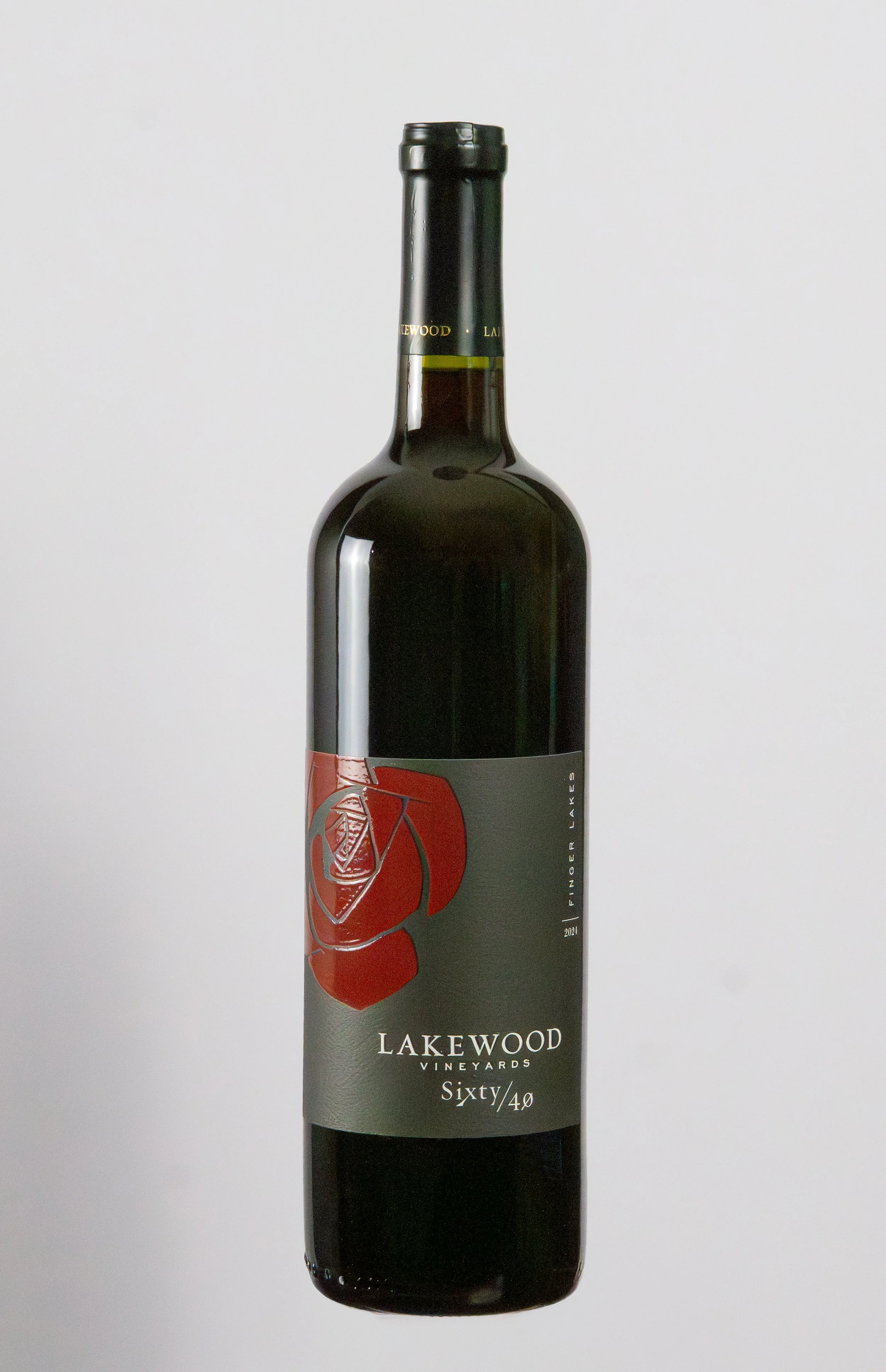 A dark green bottle of Lakewood Vineyards Sixty/40 wine with a gray label featuring a red rose illustration and the text 'Lakewood Vineyards Sixty/40 2021.