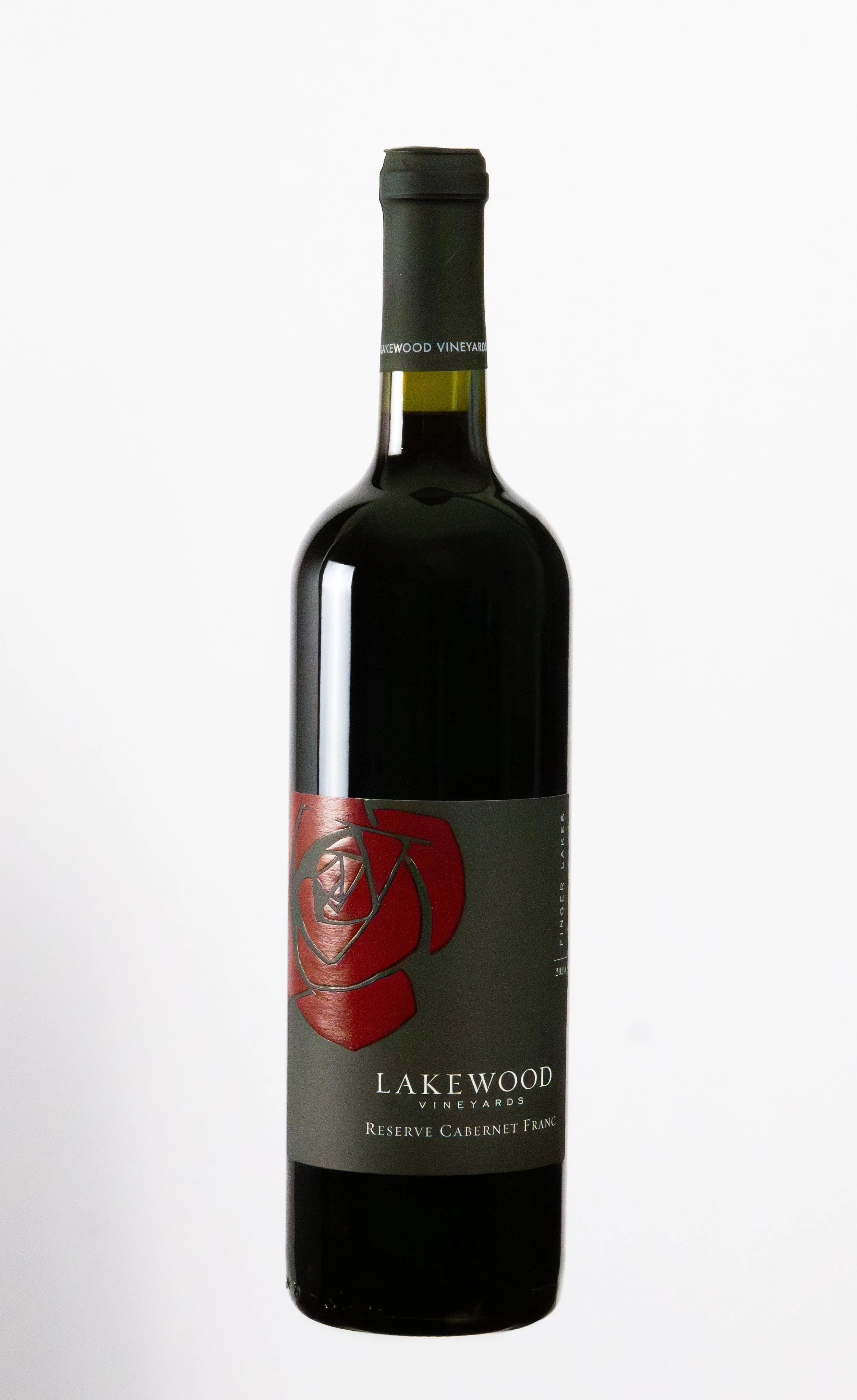 A bottle of Lakewood Vineyards Reserve Cabernet Franc wine on a white background.