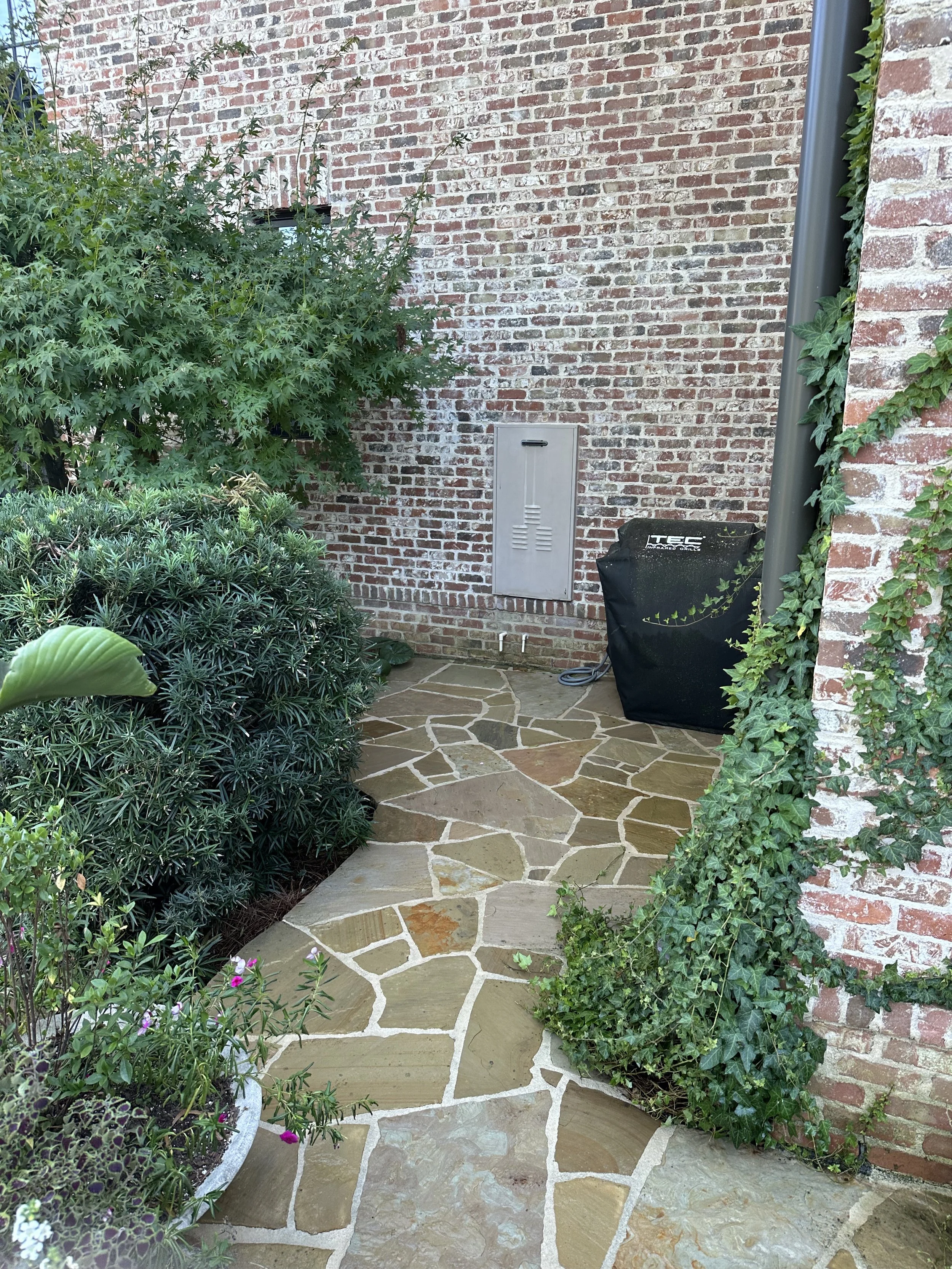 A small outdoor patio with a stone pathway, surrounded by green plants, bushes, and ivy climbing the brick wall. There is a gray utility box on the brick wall and a covered item, possibly a barbecue, next to it.