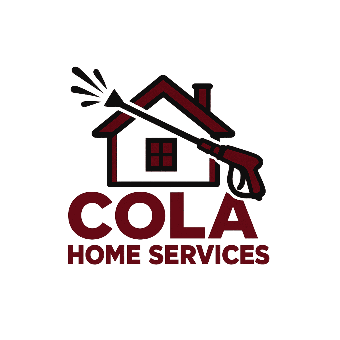 A logo for Cola Home Services features a house with a window and a chimney, with a spray gun crossed over it, spraying liquid drops. The company name 'COLA' is written in large letters below the house, and 'HOME SERVICES' in smaller letters underneath.