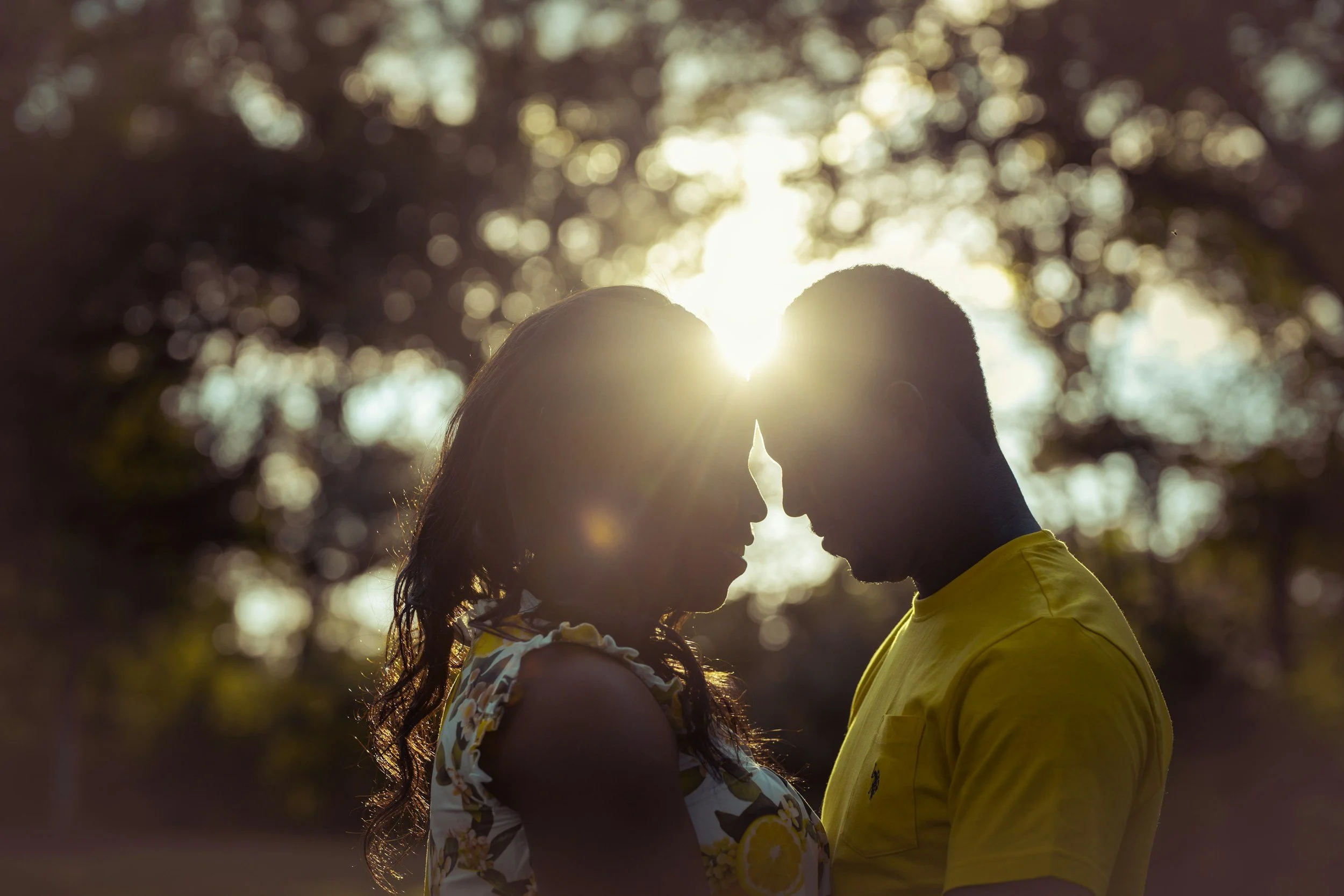 Silhouette of a couple standing close together, face to face, with sunlight shining behind them and blurred trees in the background.