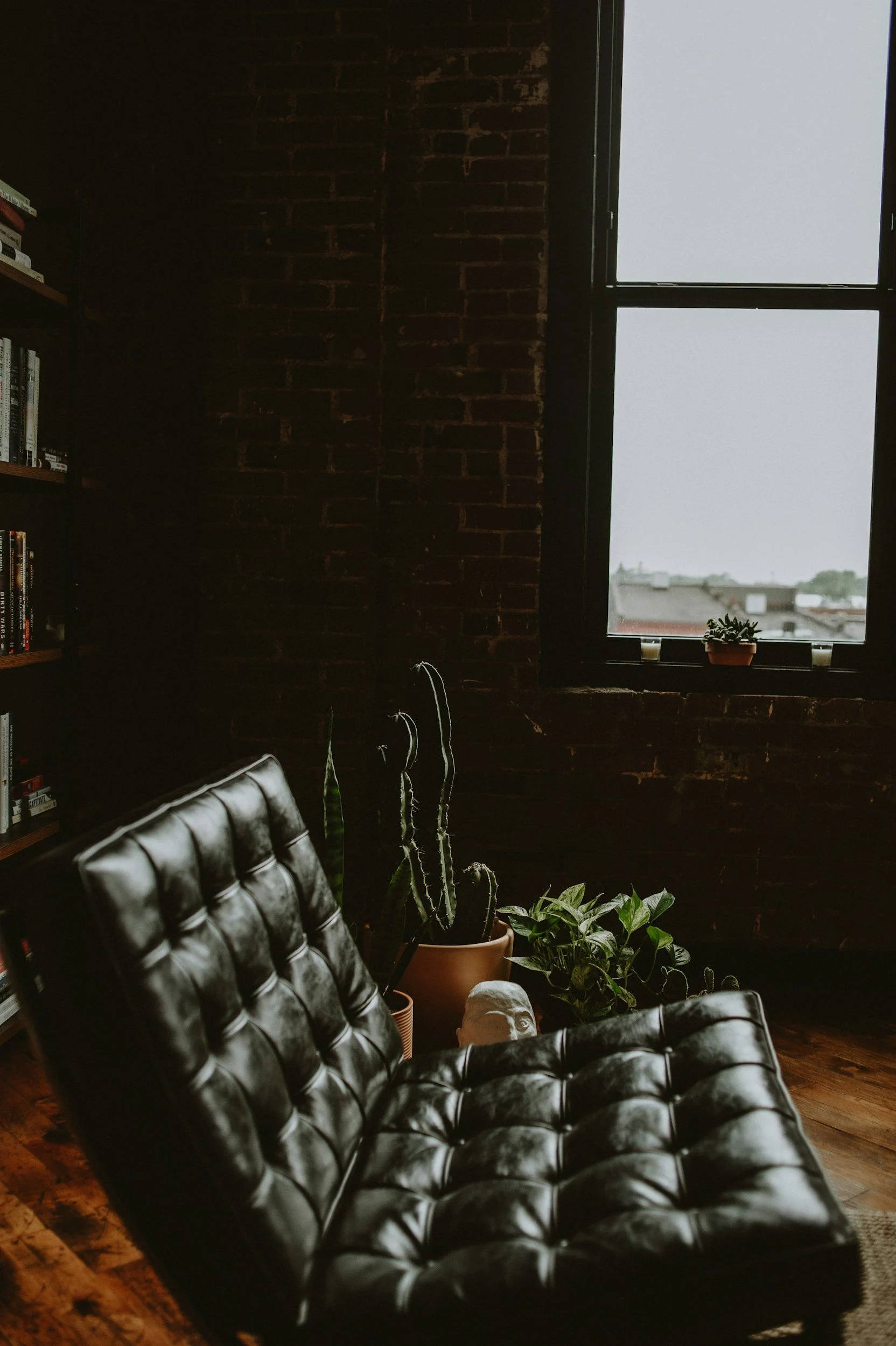 A black leather tufted chair in a room with a large window, brick wall, bookshelf, and potted plants, including a cactus and an Aloe Vera, with a view of an overcast sky and buildings outside.