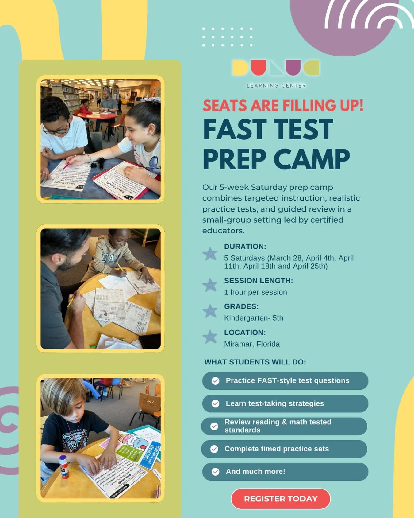 Is your child ready for FAST testing? 📚✏️

Our 5-Week Saturday FAST Prep Camp helps students build confidence through guided practice and small-group instruction.

Students will get:
✅ FAST-style practice questions
✅ Test-taking strategies
✅ Reading