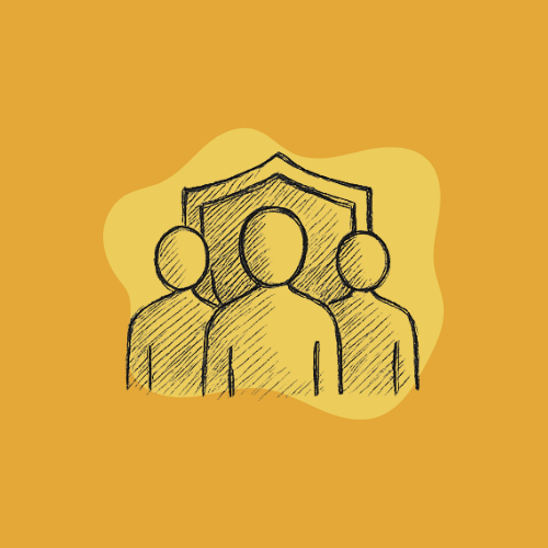 Icon, people in front of a shield