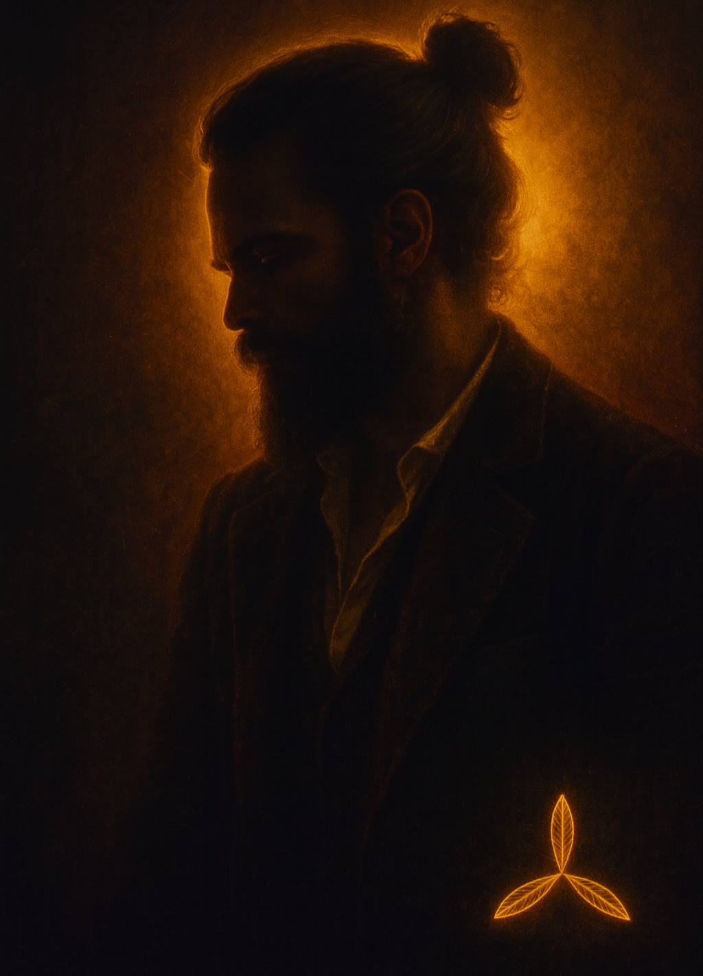 A side profile of a man with a beard and bun hairstyle, illuminated with warm, golden light, with a glowing leaf symbol at the bottom right.