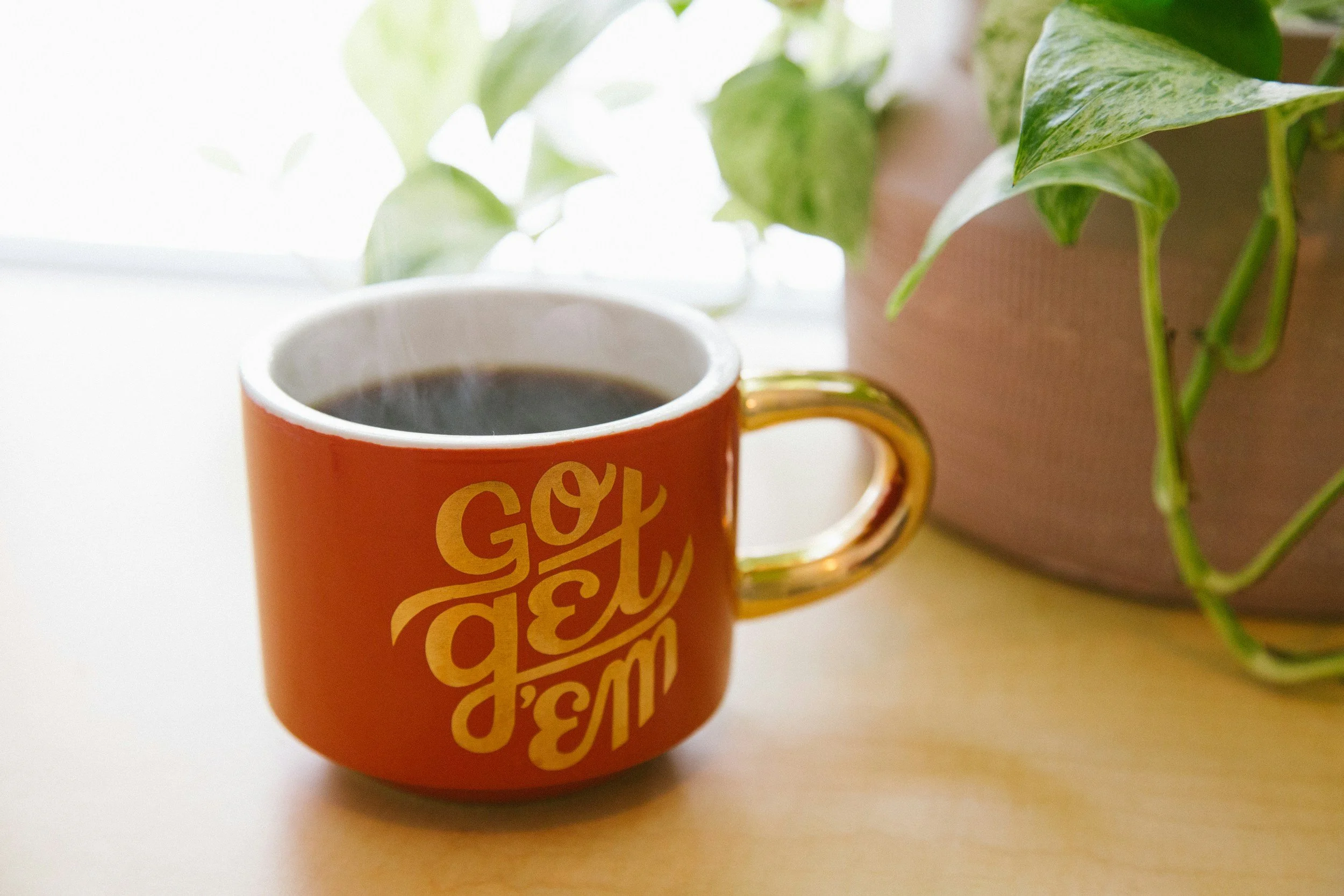 Orange mug with the words "We Got This" in yellow, filled with black coffee, next to a potted plant on a light-colored surface.