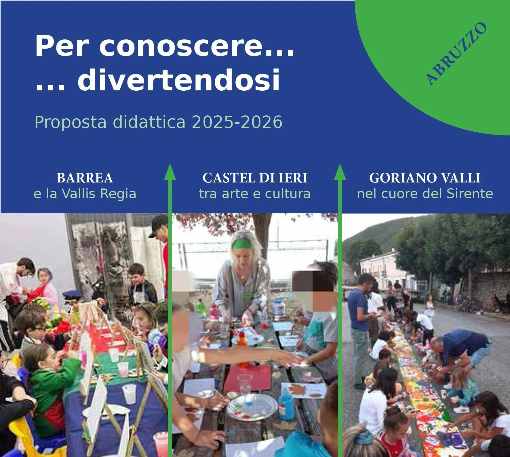 Poster in Italian promoting educational and cultural activities in Abruzzo, Italy, featuring images of children and adults participating in arts and crafts, and outdoor community events.
