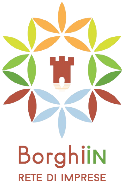 Colorful logo with a symmetric floral design and the words 'Borgh I N' and 'RETE D IMPRESE' underneath.