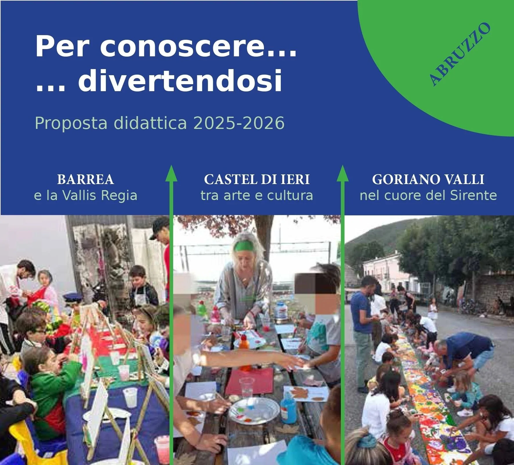 Poster in Italian presenting educational and cultural activities in Abruzzo for 2025-2026, featuring three sections with images: children at a craft table in Barrea, a woman at a crafting activity at Castel di Ieri, and children painting on a long canvas in Gorizia Valli.