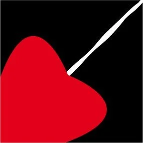 Red heart with a white needle and thread piercing through it against a black background.