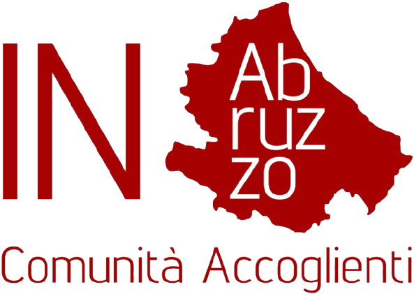 Logo with red map of Italy, large red 'IN' on the left, and black text inside the map reading 'Ab ru z zo'. Below, in red, it says 'Comunità Accoglienti'.