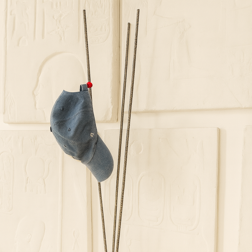 A baseball cap hanging on a metal stand against a wall with carved Egyptian hieroglyphs.