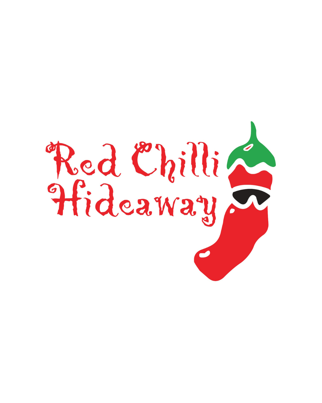 Logo for Red Chilli Hideaway featuring a stylized red chili pepper wearing sunglasses, with green and white accents