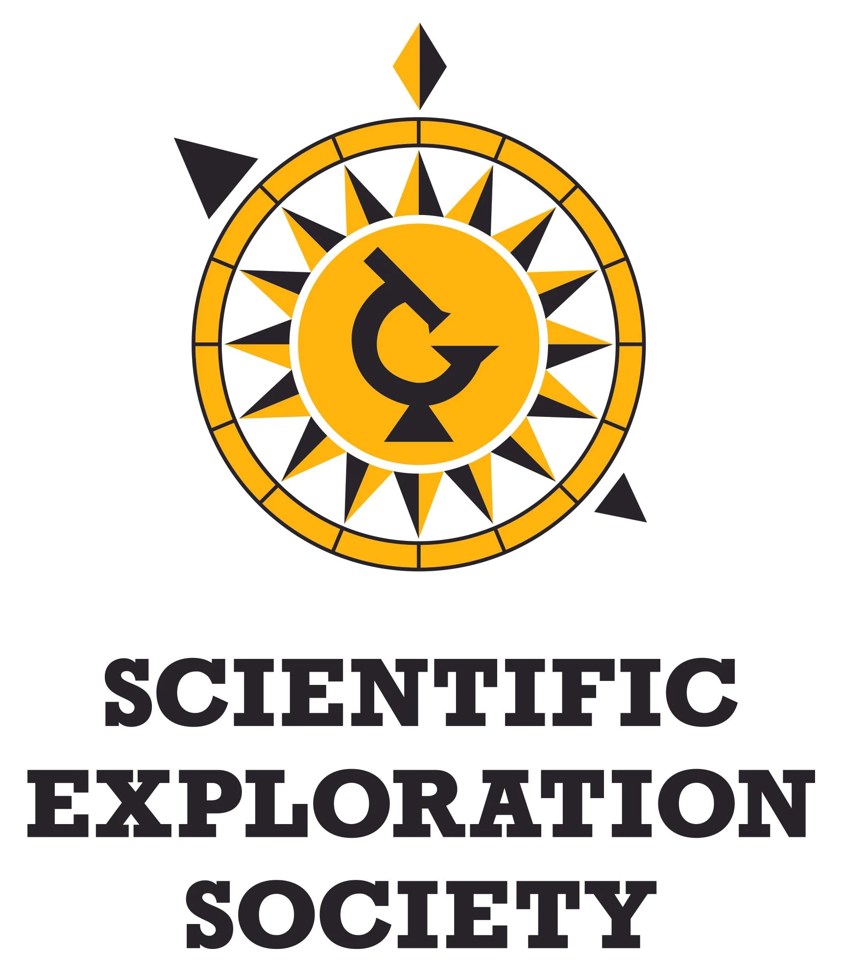 Logo for the Scientific Exploration Society featuring a stylized telescope inside a compass with orange, black, and yellow colors.