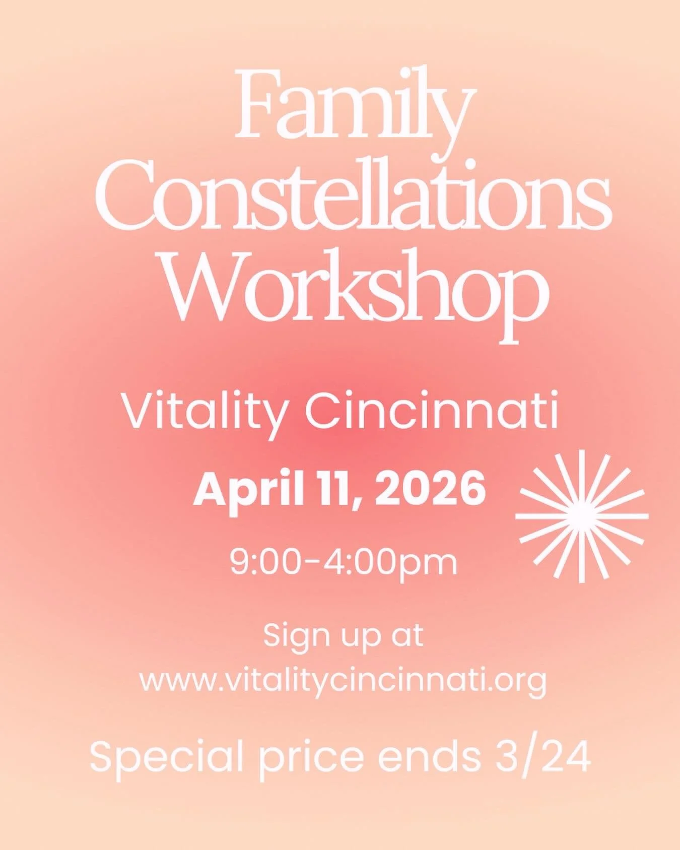 April 11 we are having a Family Constellations workshop. Join us if you would like to look at any challenge in your life with a new perspective. This work helps us to broaden our view and find alternatives when we feel stuck. Sign up by March 24 to a