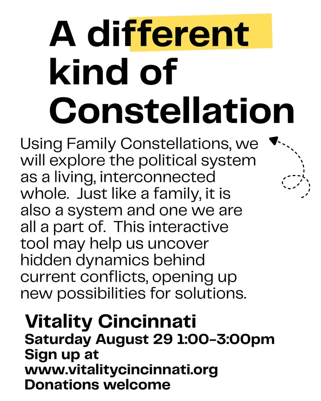 To sign up go to www.vitalitycincinnati.org
We need a minimum of 8 people to host this Constellation.  Please sign up if you are interested!
Donations welcome
#familyconstellations #cincinnatifamilyconstellations #cincinnatihealing #findyourvitality
