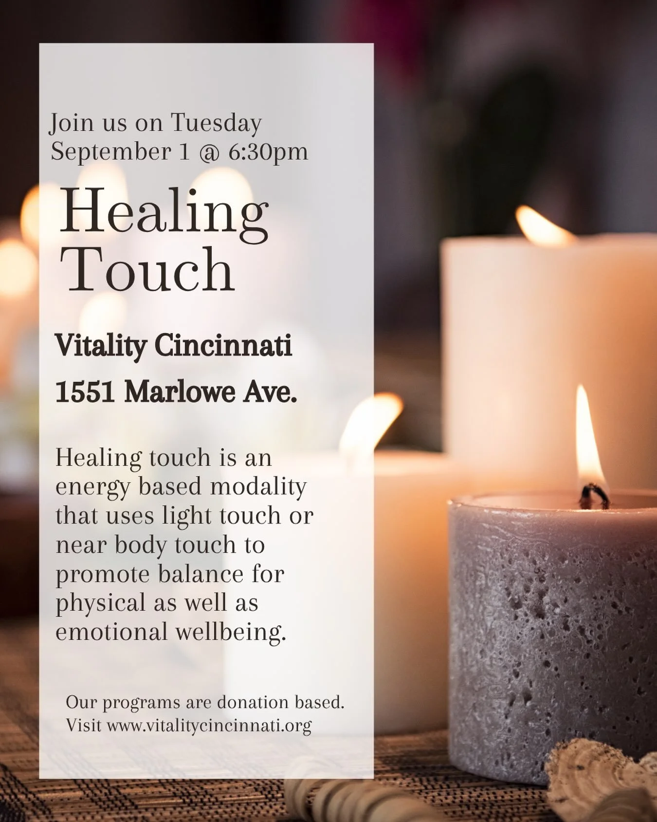 Whether you are new to Healing Touch, or have had a previous experience, we invite you to join us on September 1 at 6:30 at Vitality Cincinnati, 1551 Marlowe Ave. Healing Touch is a modality that focuses on balancing the energy to promote physical an