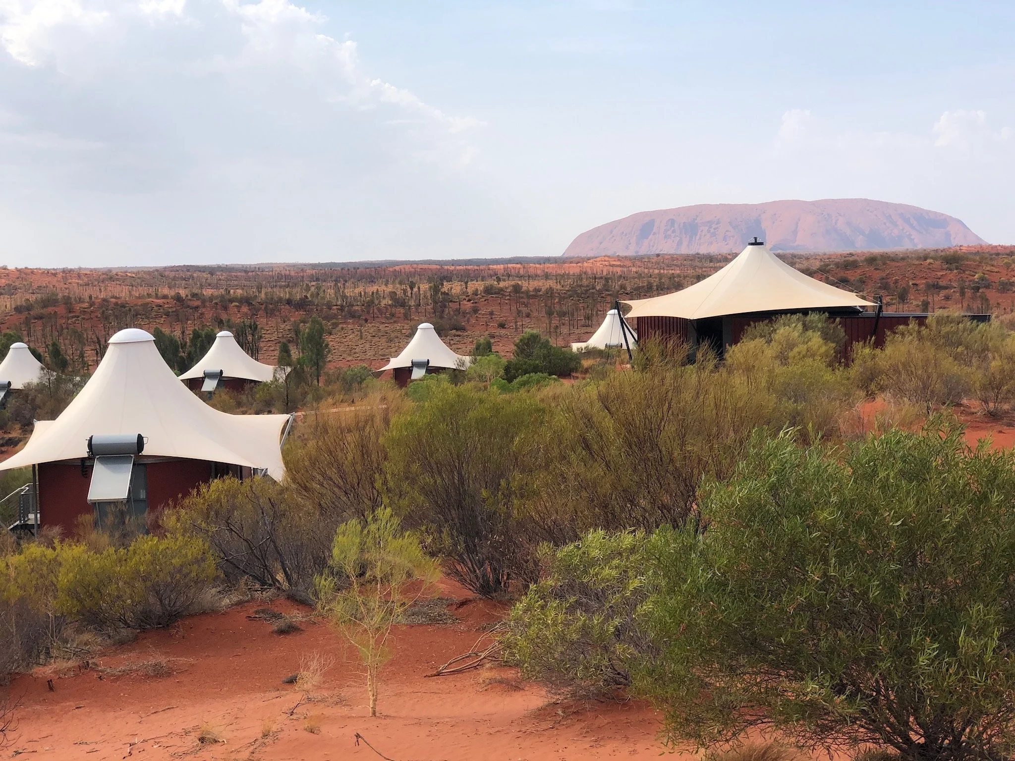 Several modern tents with white roofs among desert bushes in an arid landscape with a large isolated rock formation in the distance.