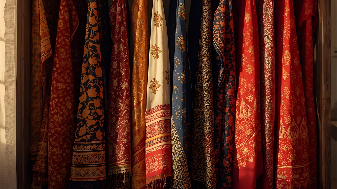 A closet filled with hanging colorful, patterned scarves or fabrics with intricate designs in shades of red, gold, blue, and black.