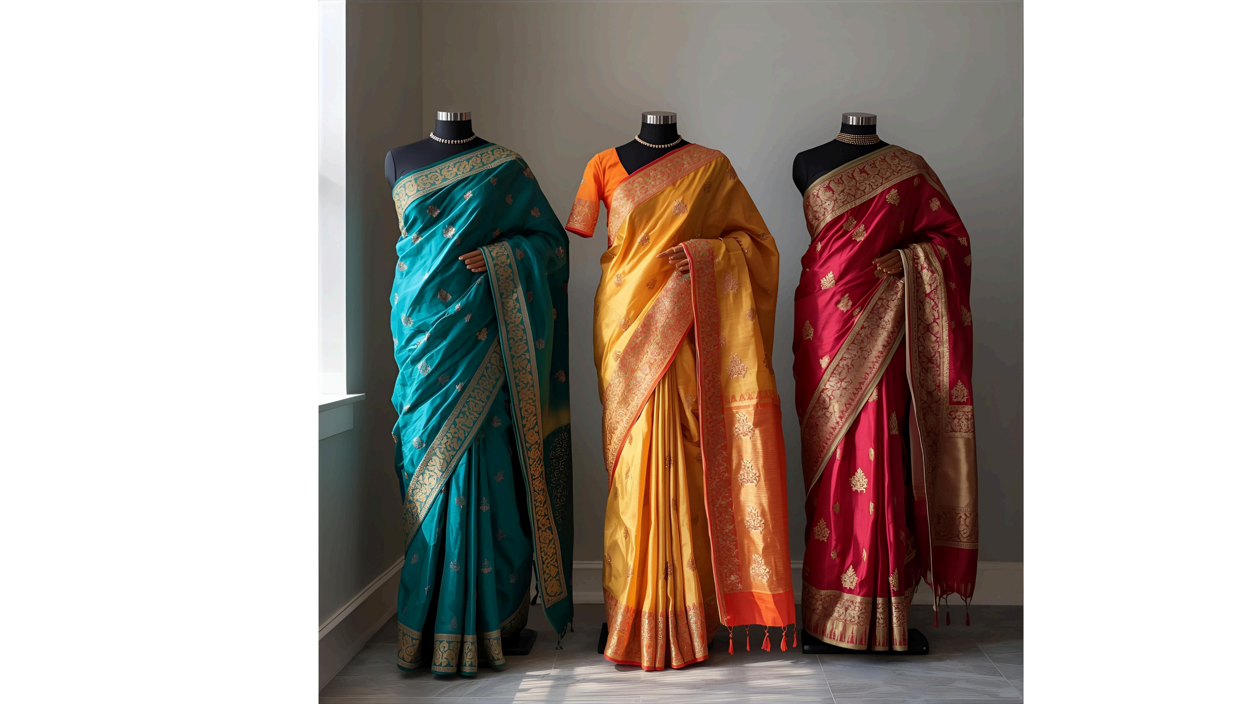 Three mannequins dressed in colorful traditional Indian sarees with intricate gold embroidered borders, displayed against a plain wall.