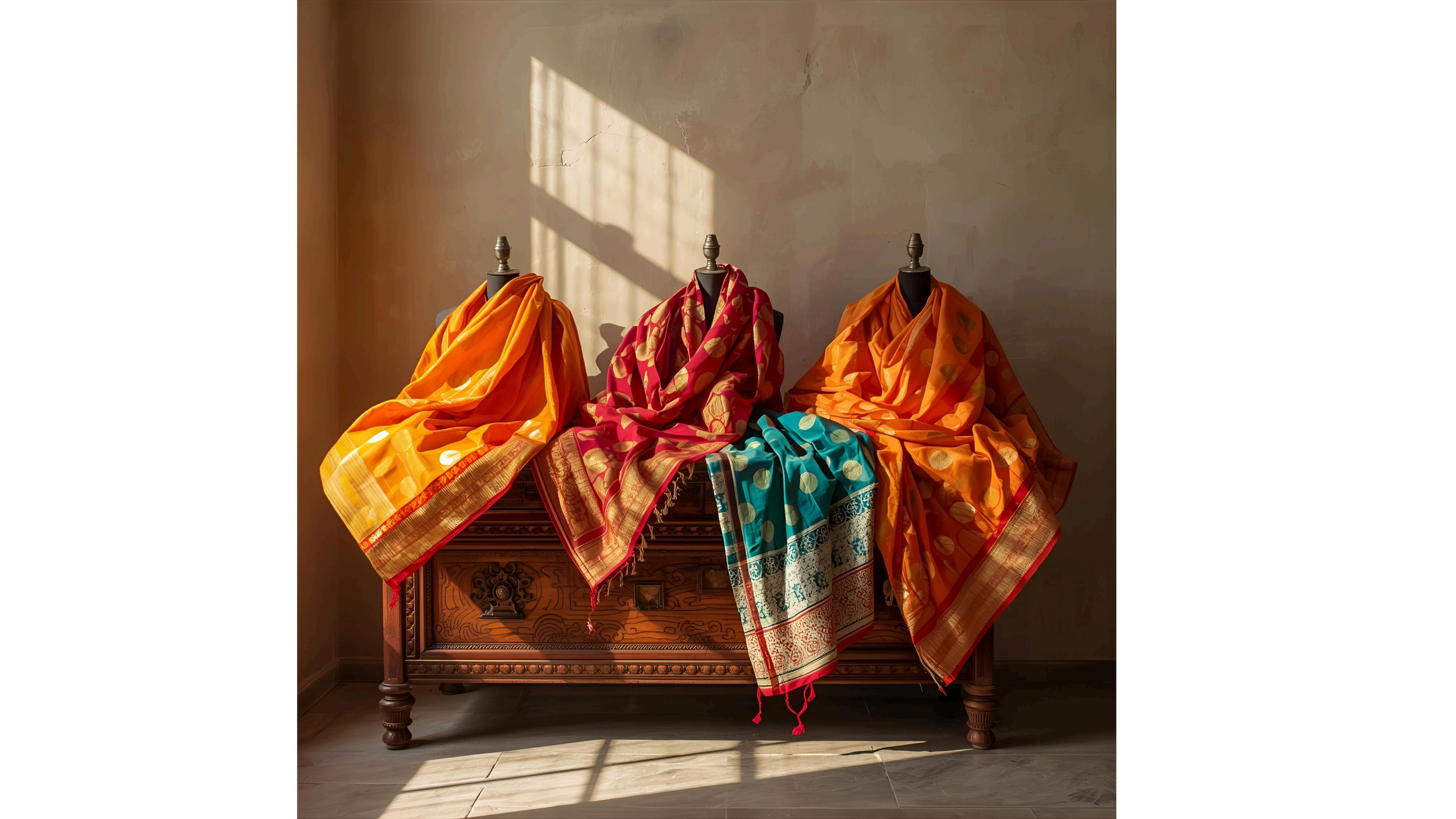 Three mannequins draped with colorful traditional Indian sarees on a carved wooden table, with sunlight casting shadows on the beige wall behind.
