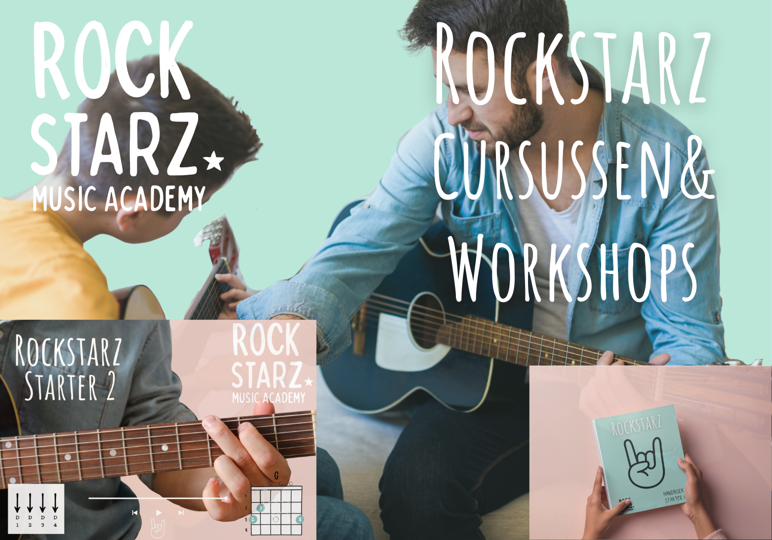 Two people, one with gray hair and the other with dark hair and glasses, playing guitars; overlayed with text advertising Rockstarz Music Academy and various guitar courses and workshops, with images of guitar chords and a handbook.