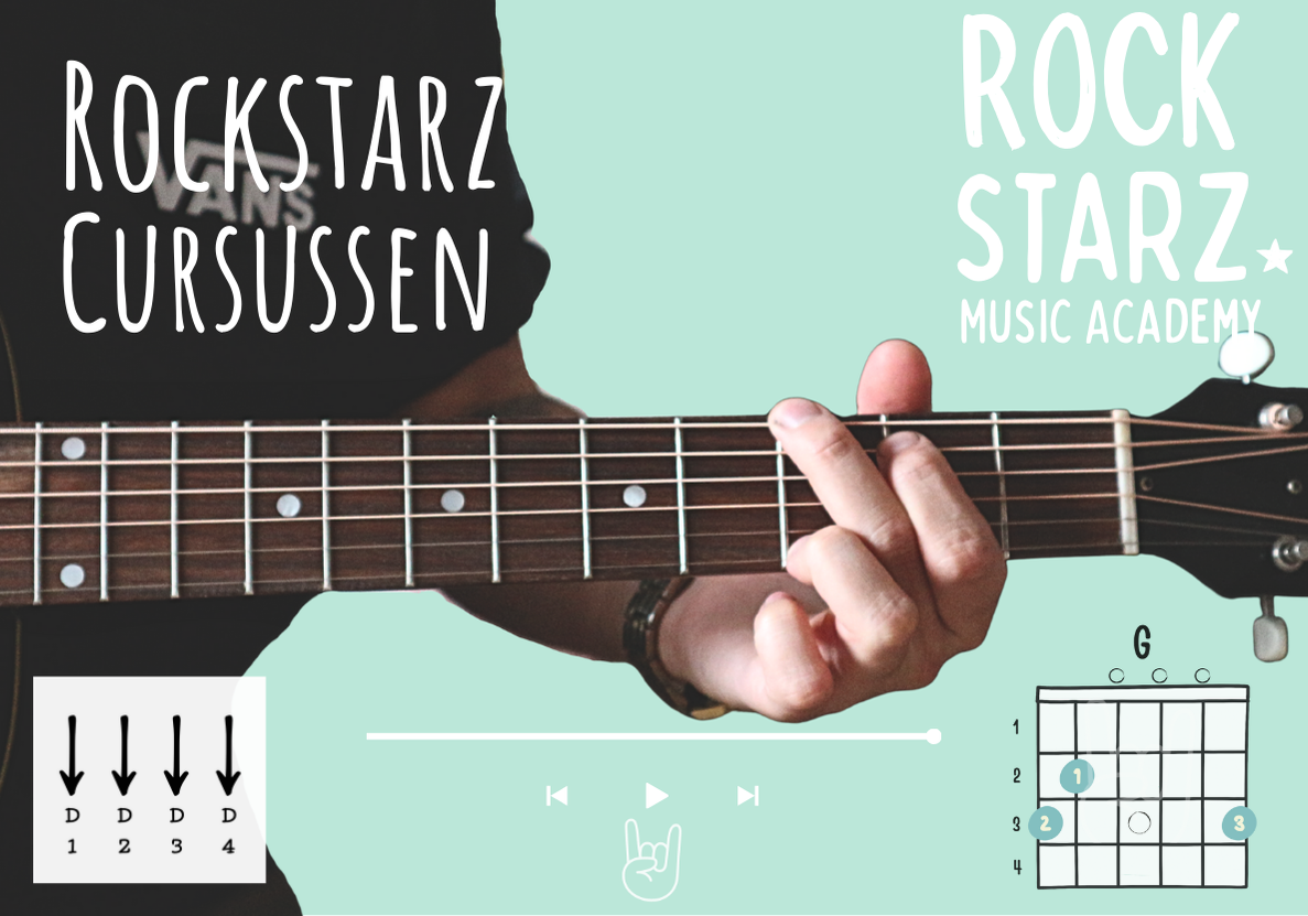 Close-up of a person playing an acoustic guitar, with text indicating a music course or academy, and a chord diagram for the G major chord, along with chord fingering instructions.