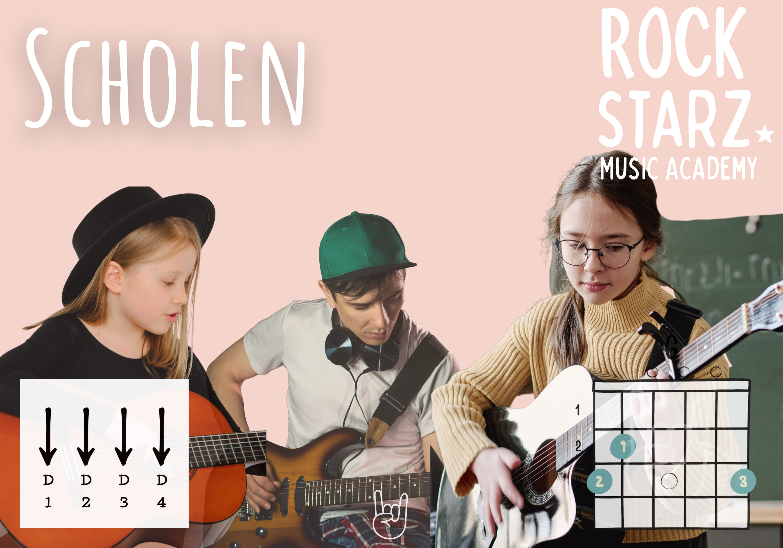 Children learning guitar, with chord diagrams and music notation on the image, in a music class setting.