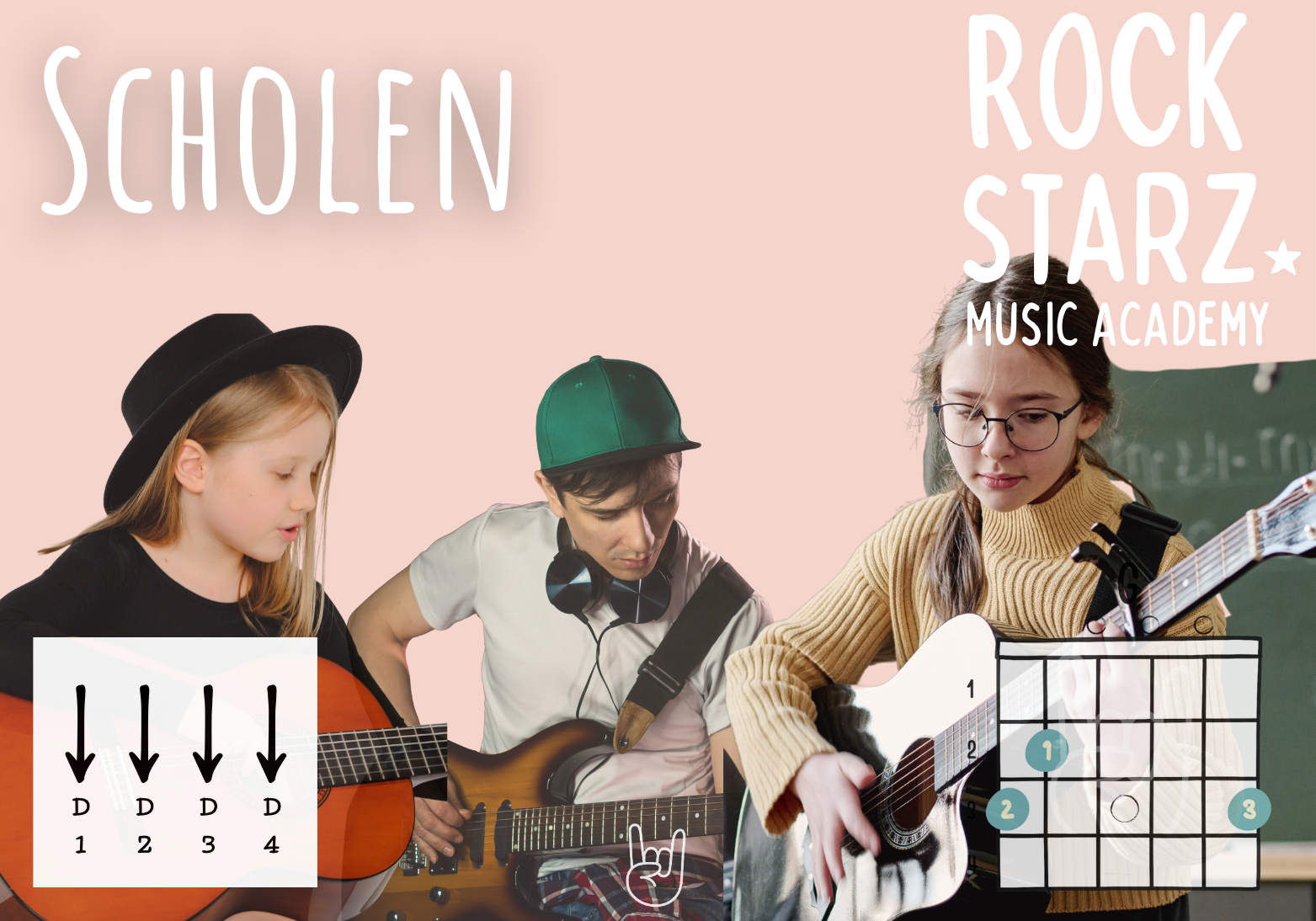 Jonge kinderen volgen gitaarlessen in een muziekklaslokaal bij Rockstarz Academy. Ze spelen op akoestische gitaren met een roze achtergrond en geïllustreerde akkoorddiagrammen voor D majeur. De afbeelding laat zien hoe beginners op een leuke, energie