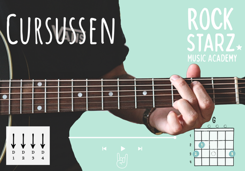 Close-up of a person playing an acoustic guitar, with a focus on their hand on the fretboard. Includes guitar chord diagrams and text related to Cursussen and Rock Starz Music Academy.