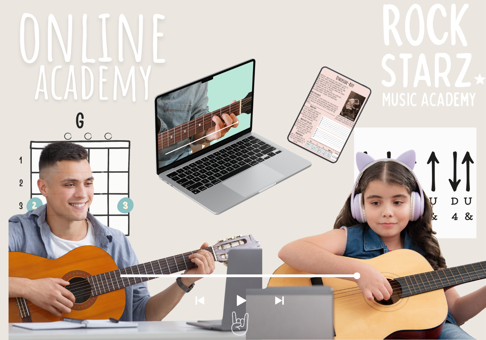 A young man and a young girl are playing guitars in a music online class. The man is smiling while playing, and the girl is wearing headphones with cat ears, focused on her guitar. There is a laptop showing a person playing guitar, and a tablet displaying a music sheet. The background includes musical notes, an eye chart, a guitar chord diagram, and text referencing an online music academy, rock star music academy.