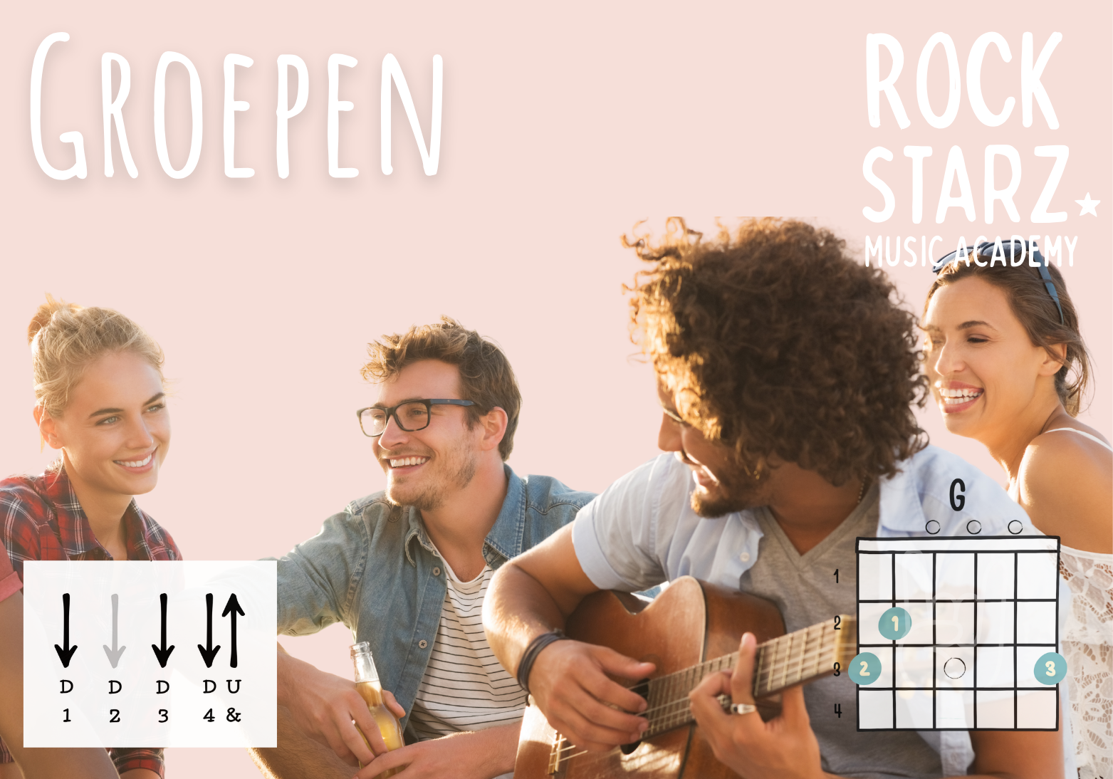 Group of five young adults enjoying playing guitar and singing outdoors with sunlight