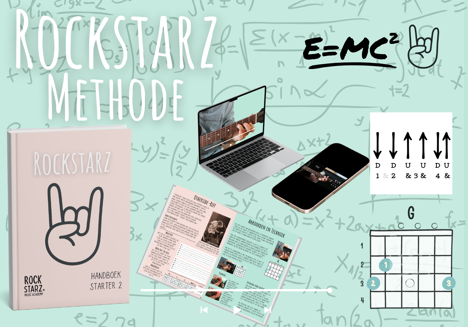 Digitale collage van de Rockstarz Methode met een roze ‘Rockstar Handboek Starter 2’, gitaarakkoorden op papier, een laptop met een gitaarles en een smartphone die de les opneemt. Op de achtergrond staan wiskunde- en science-formules en een ‘rock on’