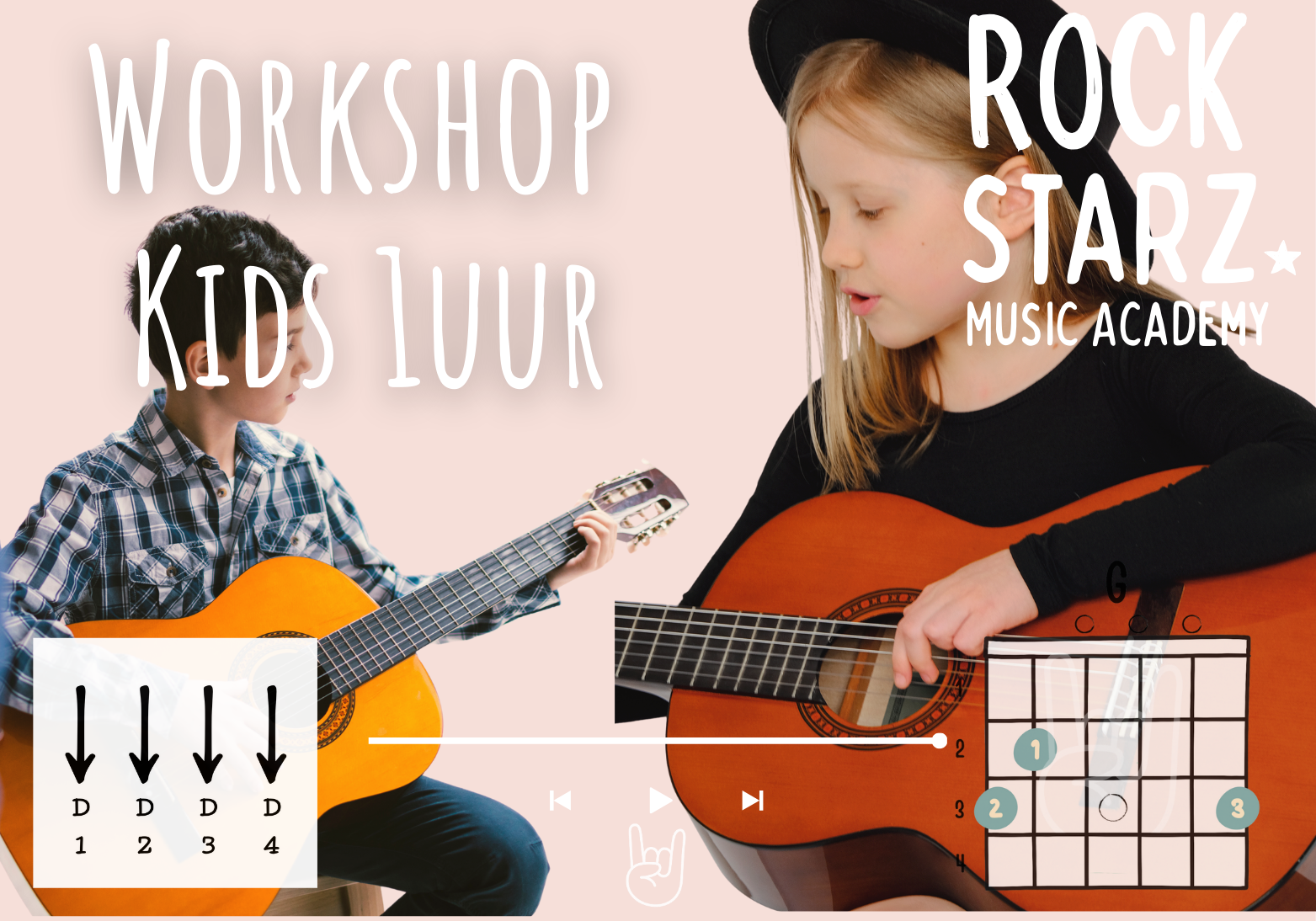 Two children playing acoustic guitars during a music workshop at Rock Starz Kids Music Academy, with musical notation and chord diagram overlayed.