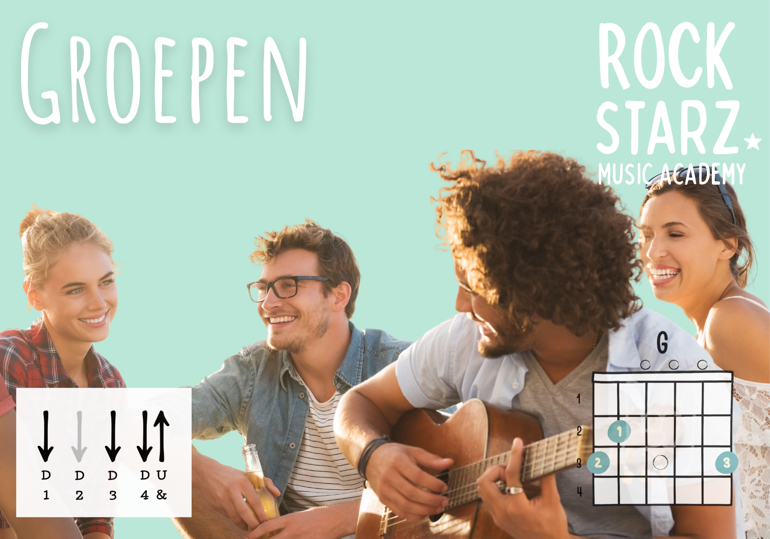 Group of four young people enjoying music and conversation against a light teal background, with music chord diagram and strumming instructions overlayed.