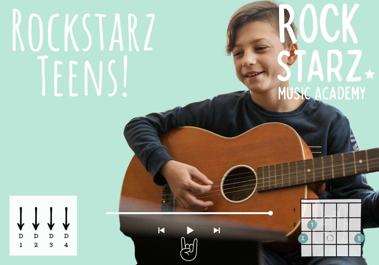 Child playing acoustic guitar with text reading ROCKSTARZ TEENS! ROCK STARZ MUSIC ACADEMY, and musical notation with finger positions for guitar chords.