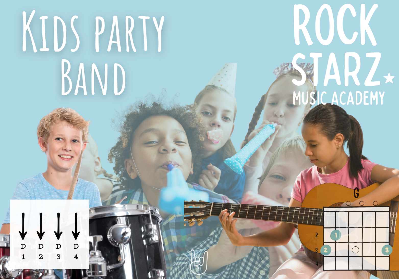 Children at a kids' party celebrating with musical instruments, including drums and a guitar, and wearing party hats. The background features text promoting a kids' music academy, with illustrations of guitar chords and a party scene.