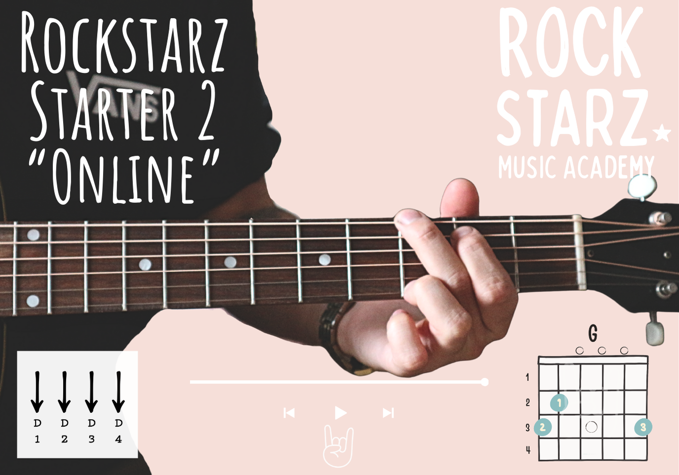 Online guitar tutorial for Rockstarz Music Academy with text overlays, showing a person playing guitar, including a chord diagram for G.