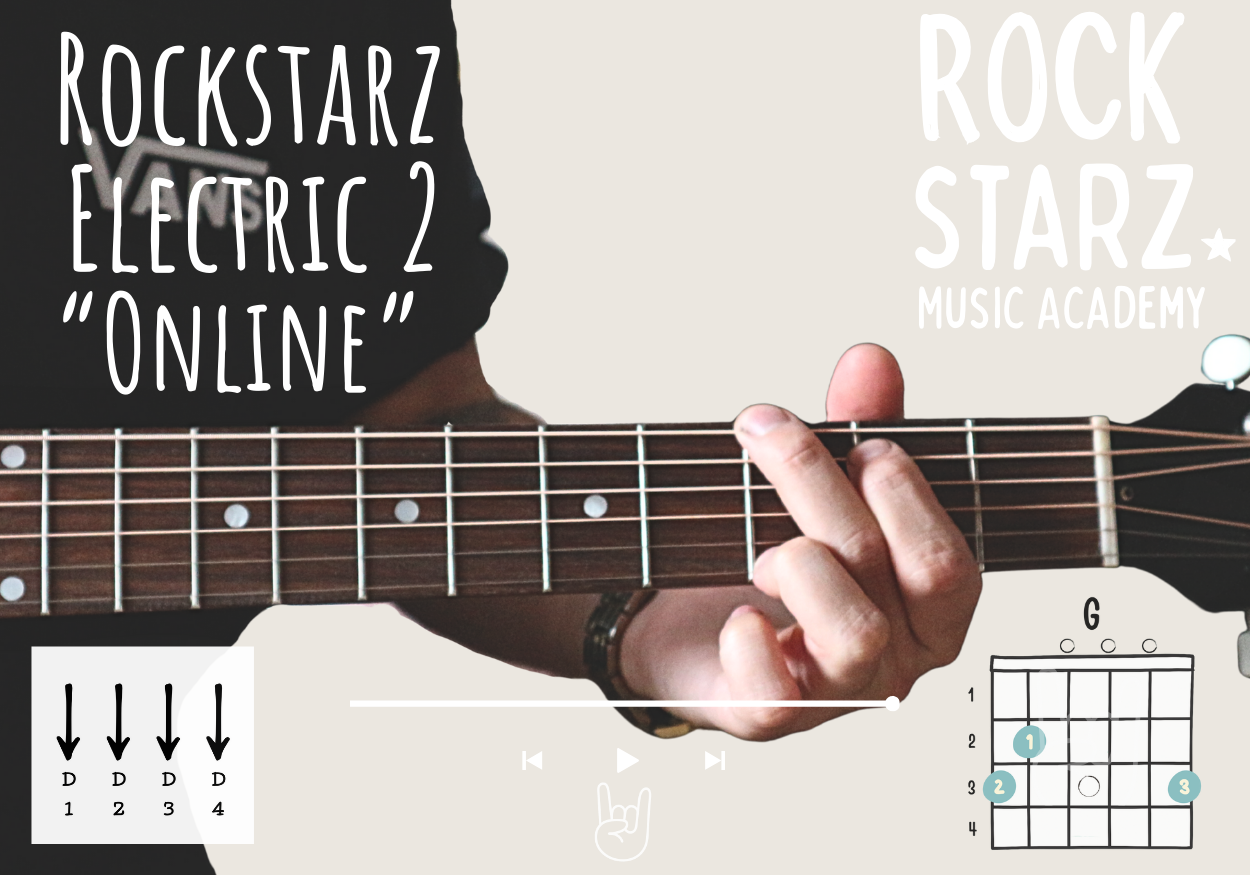 Online guitar lesson for Rihanna's song 'Rockstarz Electric 2,' showing a person playing a guitar with a chord diagram and strumming pattern, and text indicating it is from the Rockstarz Music Academy.