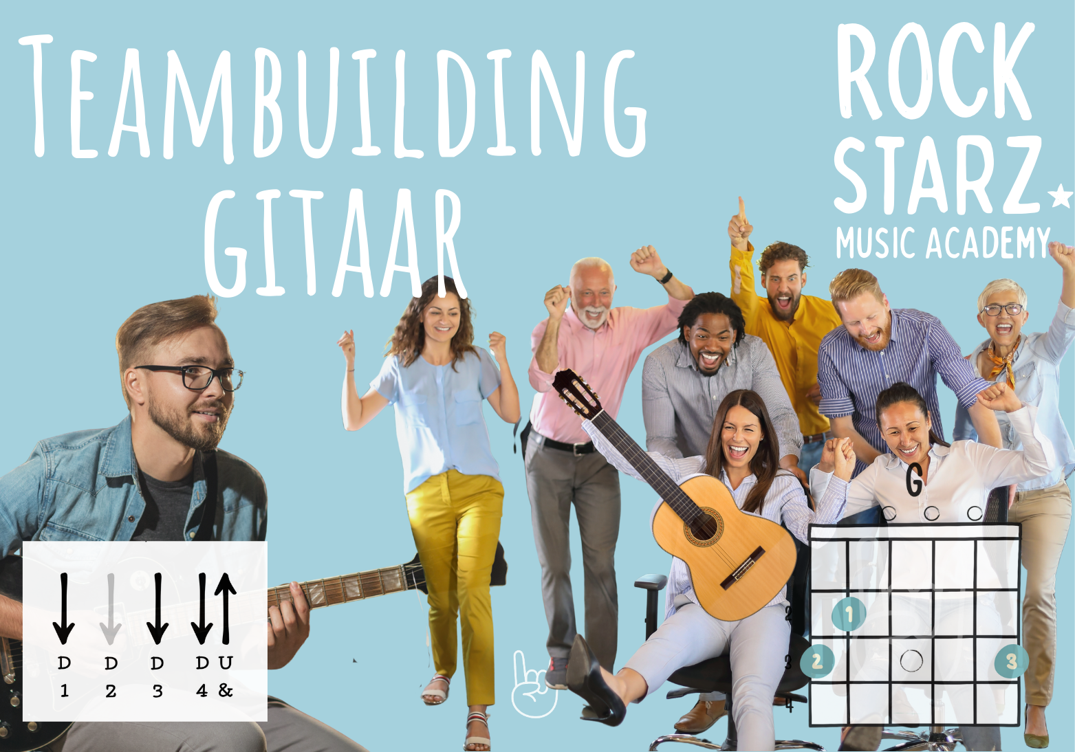 Group of diverse adults excited, celebrating, and playing musical instruments like guitars, with large text in the background reading 'TEAMBUILDING', 'GITAR', 'ROCK STARZ', and 'MUSIC ACADEMY'.