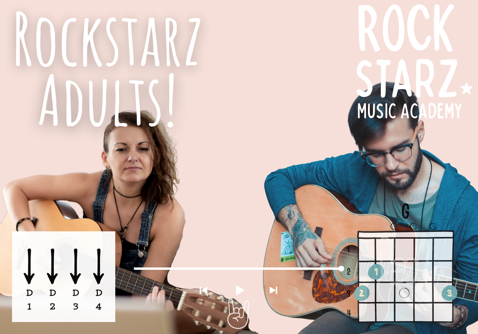 Two people, a woman and a man, playing acoustic guitars, with text overlay promoting "Rockstarz Adults!" and "Rockstarz Music Academy". The woman has curly hair, and the man has glasses and tattoos. There are guitar chords, diagrams, and a music tutorial displayed.