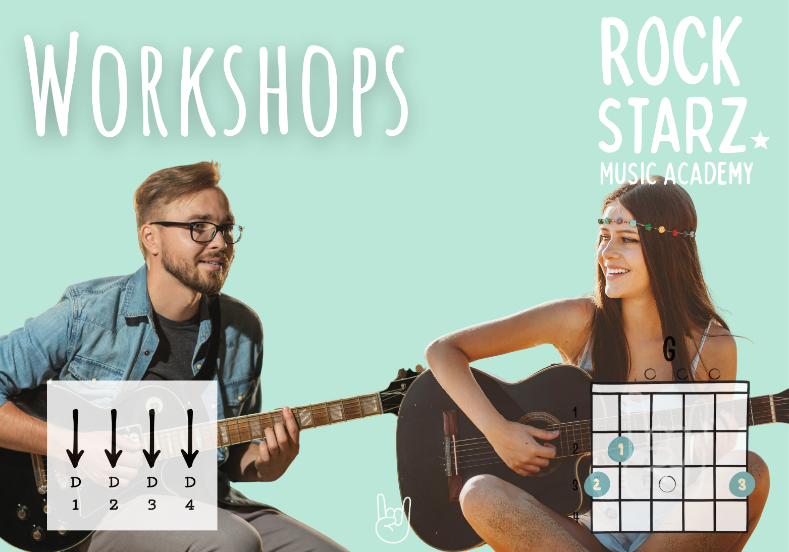 A man and woman playing guitars, with text reading 'Workshops' and 'Rock Starz Music Academy', and musical notation and guitar chord diagrams overlaid.