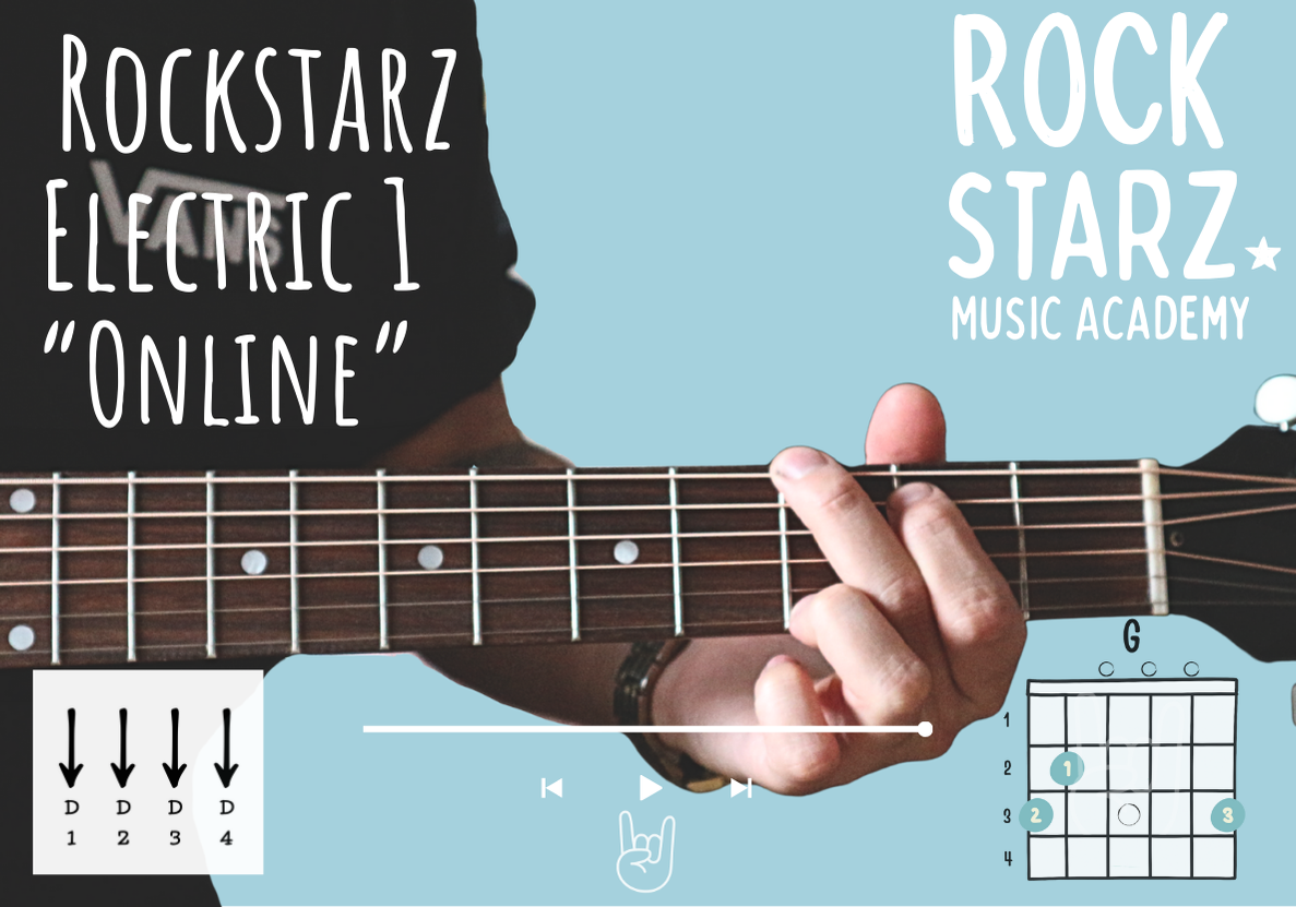 A person playing an acoustic guitar, with text overlay promoting RockStarz Electric 1 online music course, showing chord diagrams and finger positioning for playing guitar.