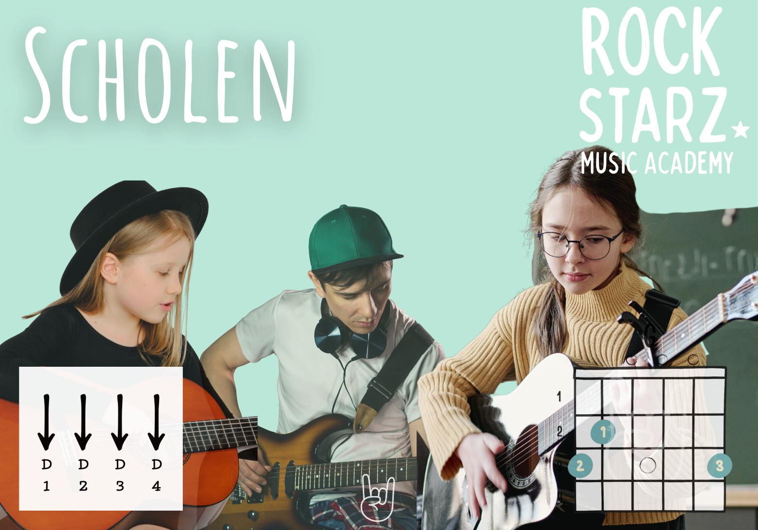 Three children playing guitars in a music class, with musical notation and guitar chords overlayed on the image.